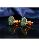 Green Enamel 18K Gold Plated Round Shape Floral Enamel Cufflinks Men&#39;s S... - £30.67 GBP