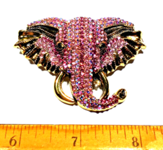 Vintage Gold Color &amp; Pink Pave&#39; Rhinestone ELEPHANT 2 &amp; 1/2&quot; Brooch - £14.80 GBP