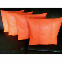 Orange Leather Decor Pillow Cover Set Genuine Soft Lambskin Set Cushion Stylish - £35.16 GBP