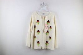 Deadstock Vtg 70s Womens L Crewel Embroidered Flower Open Front Cardigan Sweater - £87.43 GBP
