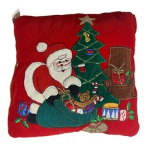 Vintage Red Velvet Applique Christmas Throw Pillow Santa Delivering Presents 11&quot; - £29.12 GBP