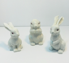 SET OF 3 WHITE GLOSSY BUNNY RABBIT FIGURINES WITH PINK EYES EASTER DECOR... - $12.86