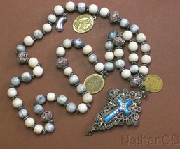 19th Cent. Bavarian Bone &amp; Filigree Rosary w. Medals and Reliquary Ename... - $706.86