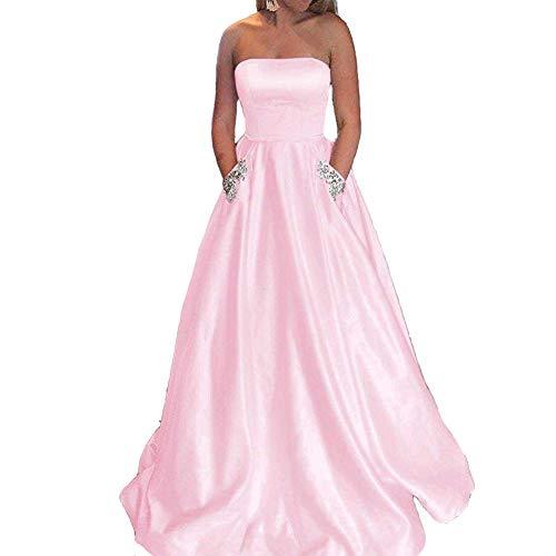 Kivary Beaded Pockets A Line Satin Long Formal Prom Dress Evening Gown Light Pin