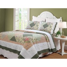 3 Piece Green White Country Style Full Queen Quilt Set Southwest French - £82.45 GBP