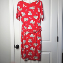Boden Floral Twist Waist Dress 12 Pink Red Stretch Short Sleeve Lined WW236 - $33.95