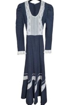 Vintage 70s Navy White Swiss Polka Dot Long Sleeve Ruffle Lace Trim Maxi Dress  - £63.92 GBP