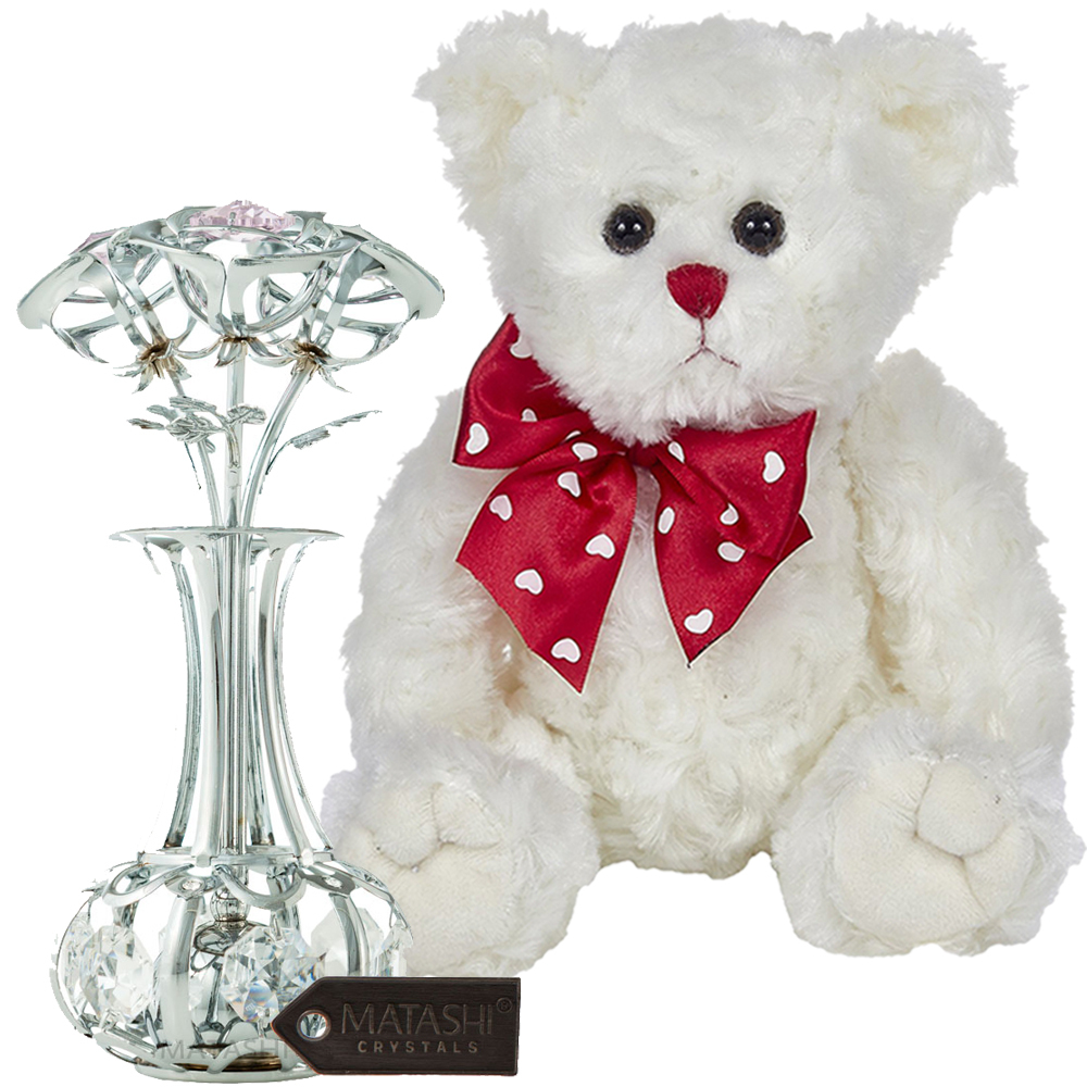 Primary image for Bearington Teddy Bear + Flowers Bouquet & Vase w/ Pink & Clear Matashi Crystals