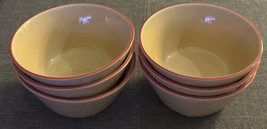 Waffle Weave Cereal Soup Bowls Tan w Red Trim 6 Piece Stoneware - £25.21 GBP