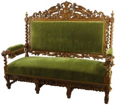 Settee Antique Hunting Carved Oak Griffins French Renaissance Green Upholstery - £3,018.82 GBP