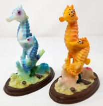 Blue Orange Seahorse Figurines Adult Child Pedestal Resin Small Vintage - $18.95