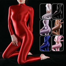 Womens Oil Shiny Glossy Long Sleeve Jumpsuit Zipper Open Crotch Bodysuit... - £15.15 GBP