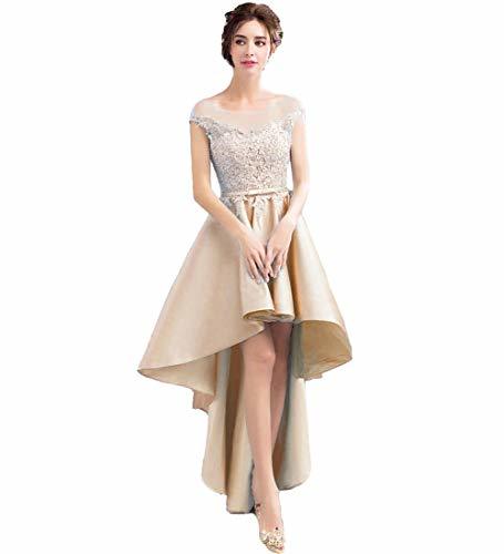 Sheer Cap Sleeves Bateau Lace High Low Prom Homecoming Dresses Champagne US 6