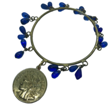 Vintage Bangle Bracelet Glass Bead faux coin Republique Francais fleur de lis - £11.91 GBP