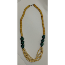 Vintage Tan and Turquoise Wood Look - Beaded Necklace - 14&quot; - £10.94 GBP