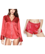 VICTORIAS SECRET CHERRY RED POLKA DOT SATIN SLEEP SHIRT SHORT PJ SET PAJ... - £31.99 GBP