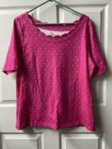 Kim Rogers Short Sleeved Knit Top Womens Large Hot Pink Polk A Dot Print Scallop - £10.03 GBP