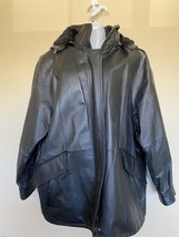 Vtg SONOMA Size L Black LEATHER Hooded Zip Front Jacket Zip out faux fur liner - £38.78 GBP