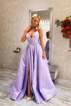 Simple v neck purple satin long prom dress purple evening dress - £126.72 GBP
