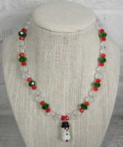 Snowman Holiday Necklace Frosted Glass Crystal Girls Handmade Red Green - £13.23 GBP