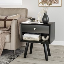 Black Nightstand With 1 Drawer Mid Century Modern Nightstand Wood Bed Side Table - £72.73 GBP