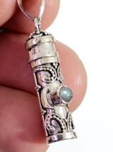 Labradorite Pill Vial Necklace Pendant Gemstone Triple Moon 18&quot; Chain 925 Silver - £34.74 GBP