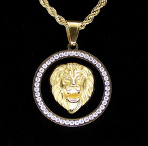 Mighty Lion CZ Pendant Stainless Steel Gold Plated 24&quot; Rope Never Fade/Tarnish - £14.64 GBP