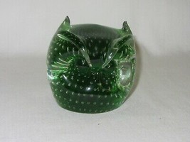 Art Glass Owl Vintage Paperweight Clear &amp; Green w Controlled Bubbles - £23.73 GBP