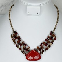 Chico&#39;s Dark Red and Orange Beaded Gold Tone Necklace - £15.85 GBP