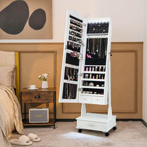 Rolling Floor Standing Mirrored Jewelry Armoire with Lock and Drawers-White - Co - $281.04 CAD