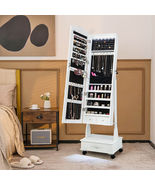 Rolling Floor Standing Mirrored Jewelry Armoire with Lock and Drawers-Wh... - $281.04 CAD