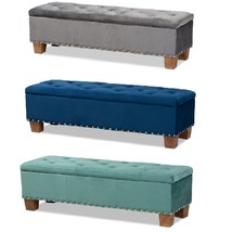 Padded Velvet Ottoman Storage Bed Bench Button-Tufted Nail Head Teal Blue Gray - £195.31 GBP