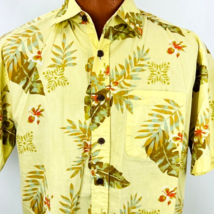Paradise Blue Aloha Hawaiian Shirt Yellow Gold M Leaves Floral Hibiscus - £27.97 GBP