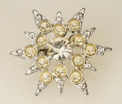 Vintage Costume Jewelry Pot Metal Pale Yellow Rhinestone Star Snowflake Pin - £15.81 GBP