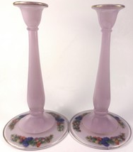 1920s Westmoreland Pink Cased Glass HP Fruit And Leaves 9.5&quot;t Candle Holder Pair - £50.81 GBP