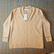 $50 nwt ZARA chainlink oversize sweater S Camel v-neck pullover knit tun... - $25.73