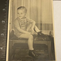 Found Black And White Photo Young Blown Boy Posing On Bench Shorts - £7.03 GBP