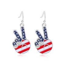 Silver Patriotic Finger Peace Sign Earrings American Flag Dangling 1 1/2&quot; - £8.60 GBP