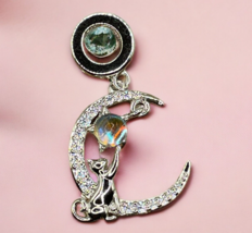 Beauty 925 Sterling Silver Dangle Charm Kitty Sitting on Moon Touching a Star - £14.75 GBP