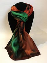 Hand Painted Silk Scarf Forest Green Redwood Brown Copper Black Rectangle New - £44.04 GBP
