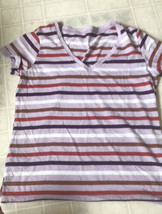 Ladies Eddie bauer Purple Orange Tan Stripe Short Sleeve Tee Shirt V nec... - £19.48 GBP
