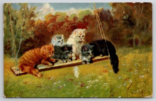 Primary image for Kittens Five Cats On Swing Artist Signed Postcard C36
