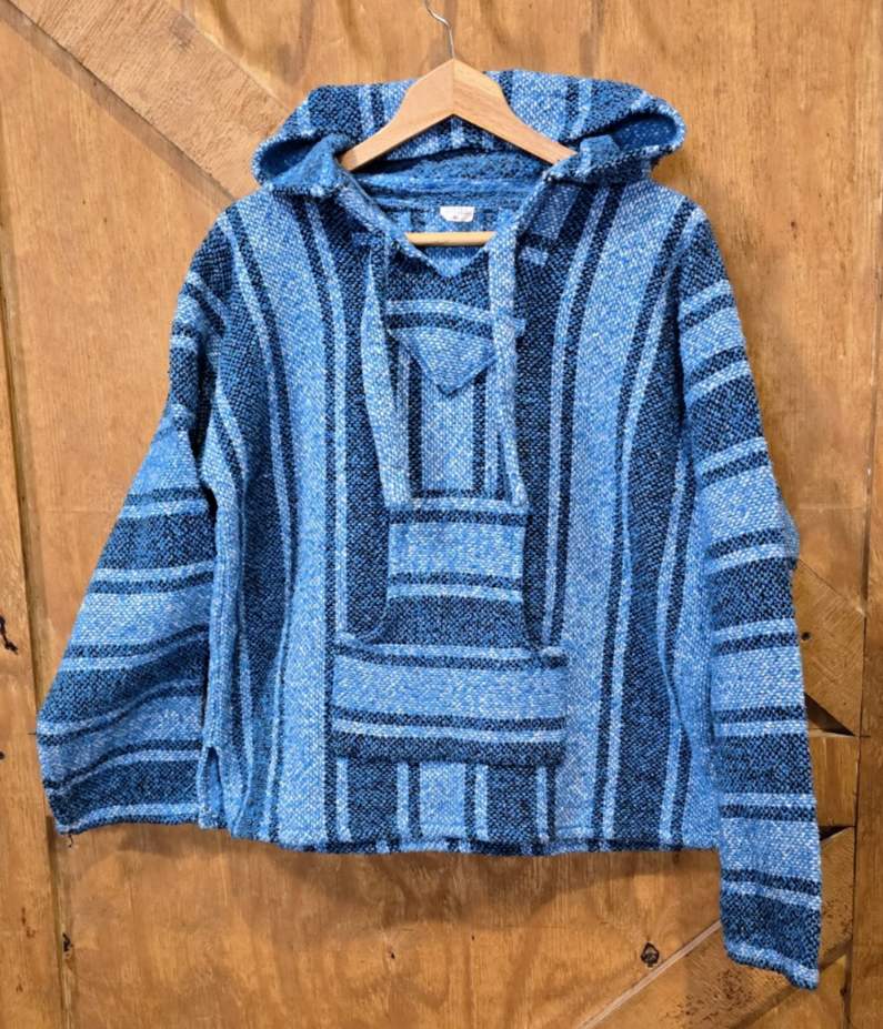 Artesanias Hoodie Poncho Adult Medium Drug Rug Hippie Pullover Blue - $25.00