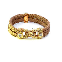 Vtg Signed Judith Ripka Braid Brown Leather and Vermeil CZ Accent Bracel... - $123.75