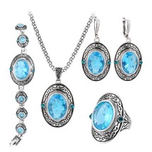 Kinel Hot Women Blue Natural Zircon Vintage Jewelry Set Tibetan Silver Ethnic Pa - £26.00 GBP