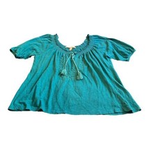 French Laundry Womens Teal Blue Boho Blouse Top Petite Large Round Neck Tassels - £17.23 GBP