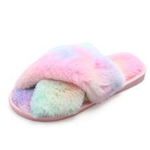 Winter Mixed-Color House Women Slippers Rainbow Color Bedroom Girls Plush Shoes  - £20.57 GBP