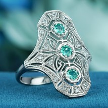 Natural Emerald Diamond Art Deco Style Dinner Ring in Solid 9K White Gold - £560.90 GBP