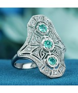 Natural Emerald Diamond Art Deco Style Dinner Ring in Solid 9K White Gold - £549.19 GBP