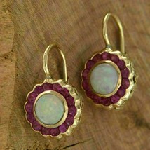 2Ct Round Lab Created Opal &amp; Ruby Drop/Dangle Earring&#39;s 14K Yellow Gold Plated - £74.73 GBP